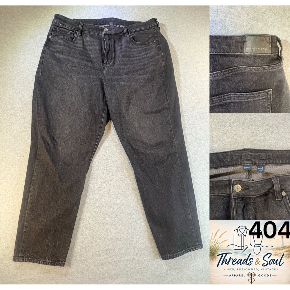 American Eagle Mom Jean Strigid Washed Black Denim Size 16 Short High Rise